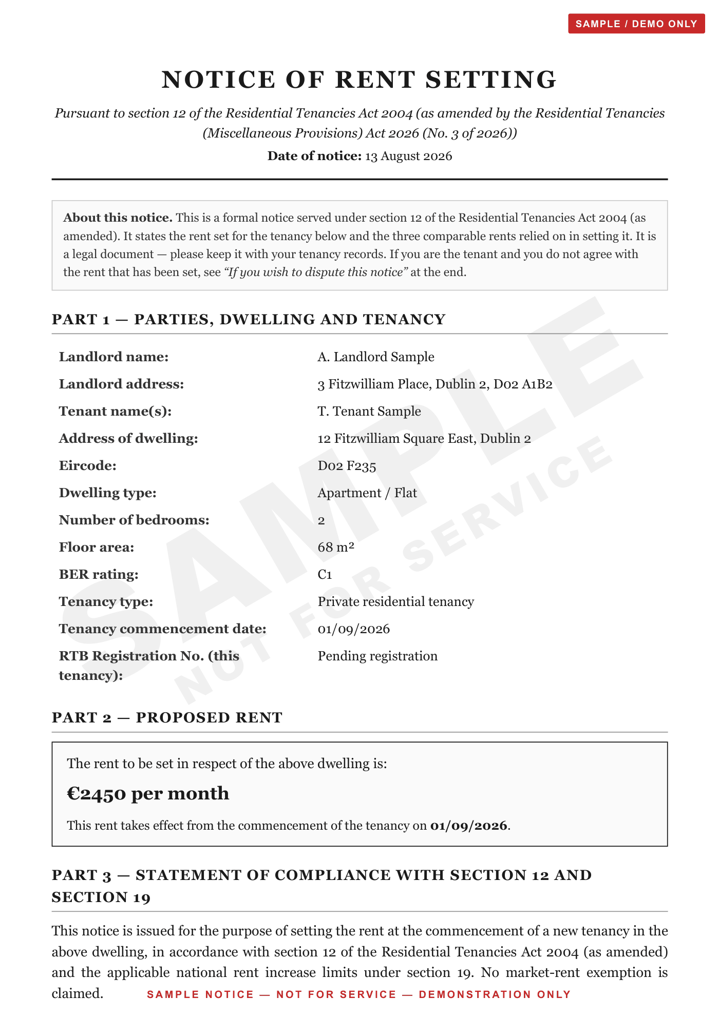 Sample RTB rent-setting notice preview — page 1 with SAMPLE watermark